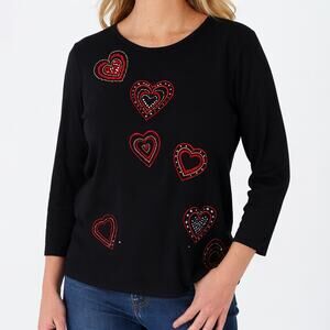 Quacker Factory T-Shirt Long Sleeve Hearts Black Cotton Blend Valentine Large